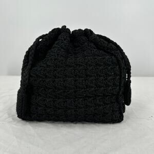 Vintage Handmade Crochet Handbag Drawstring Bag Purse Black Boho Dark Cottagcore